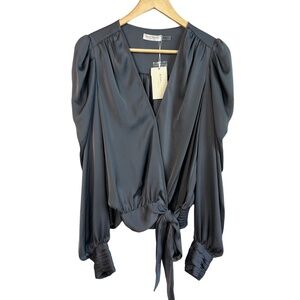 Ramy Brook‎ Pauline Blouse Size Large Crossover Puff Sleeve Tie Front V-Neck NWT